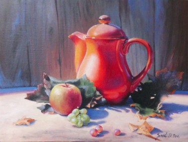 Red teapot- framed oil on canvas 40x50cm by Simic Dragana