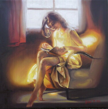 Girl with a book- oil on canvas 40x40cm