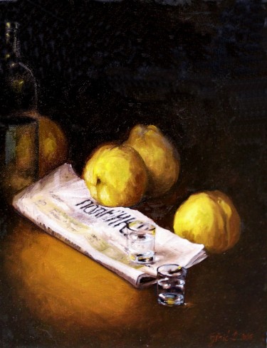 Quince and Politics - oil on canvas 25x40cm by Simic Dragana