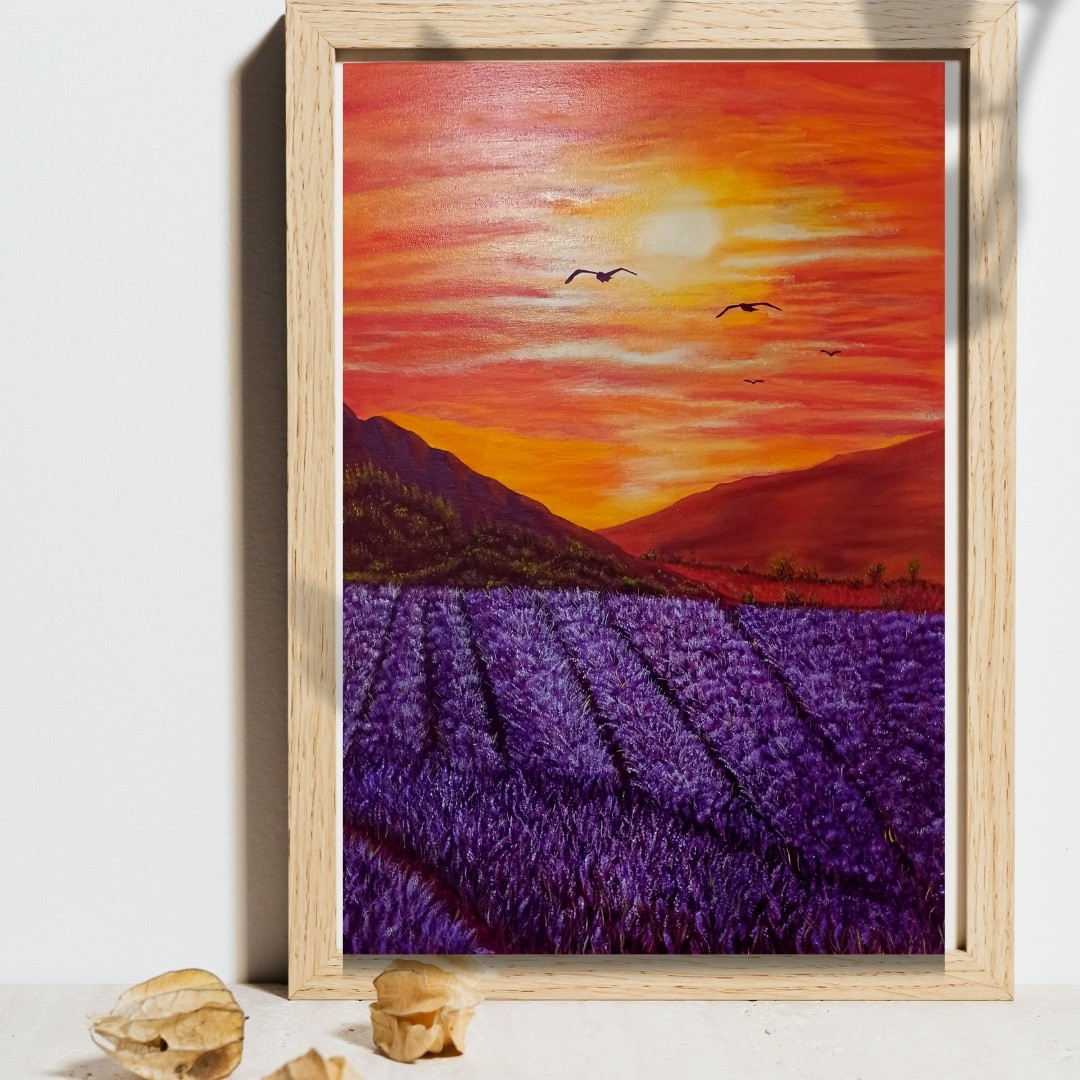 Lavender fields under a fiery sky