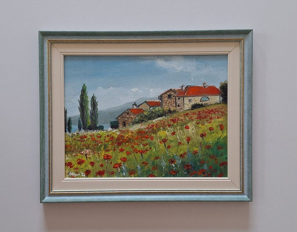 Oil on hardboard - House in a field of flowers, beautiful!