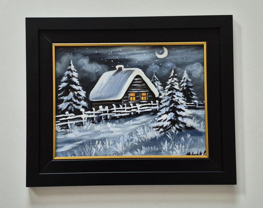 Oil on canvas - Winter night, beautiful picture