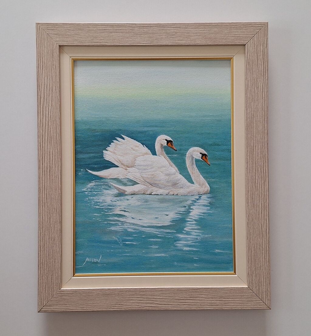 Oil on canvas - Two white swans, beautiful picture