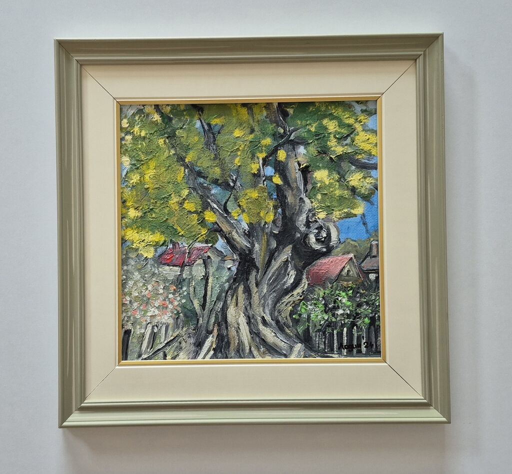 Oil on hardboard - House under an old oak tree