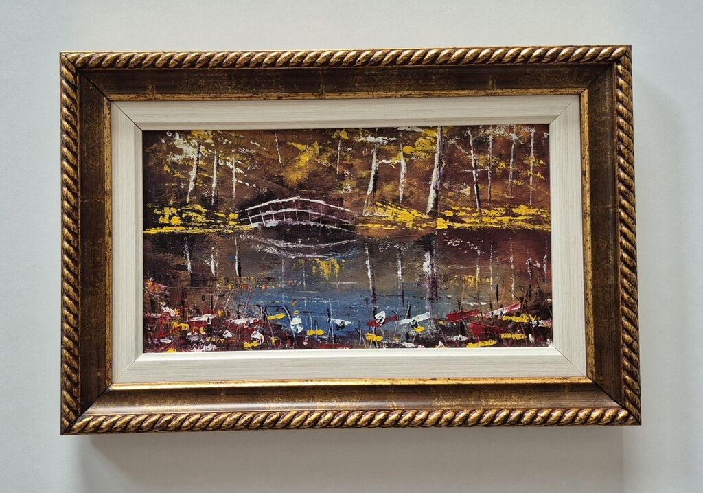 Oil on canvas - Bridge in the forest, beautiful picture
