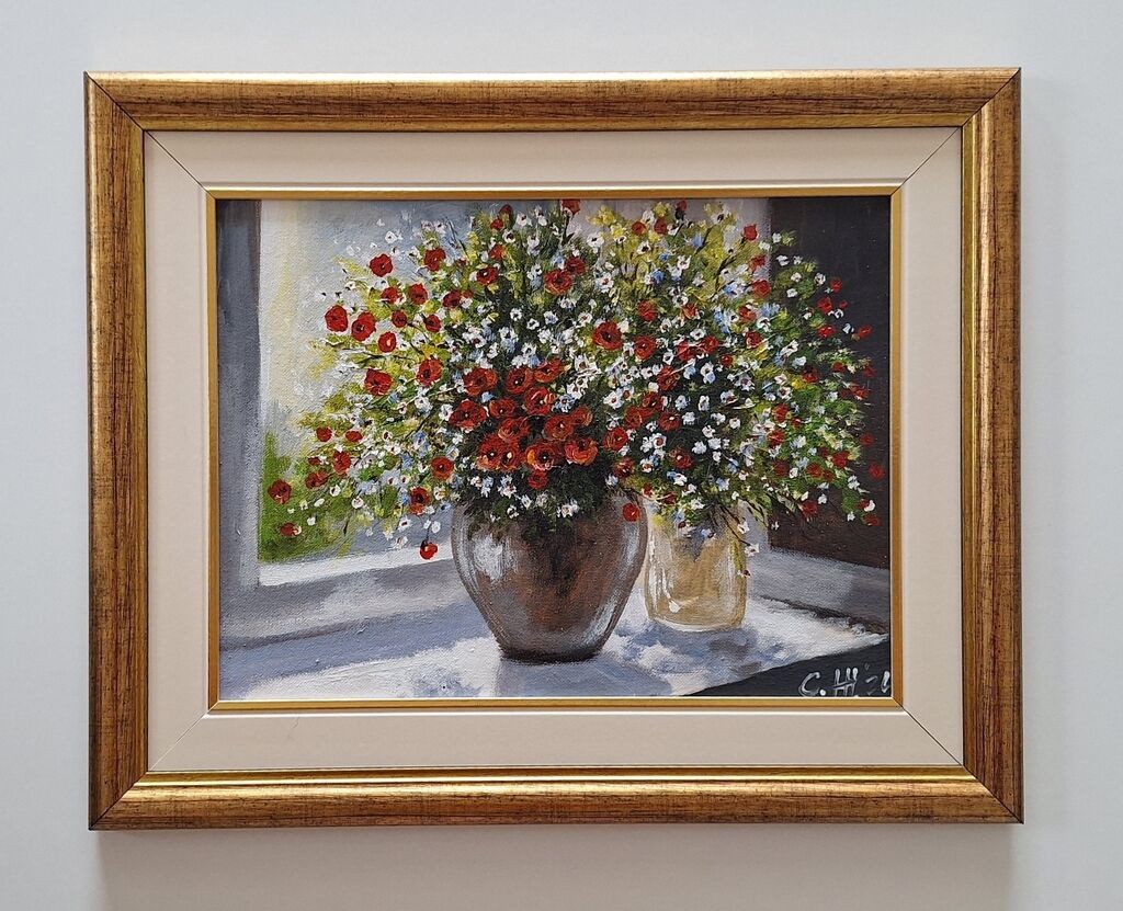 Oil on canvas - Flowers by the window, beautiful