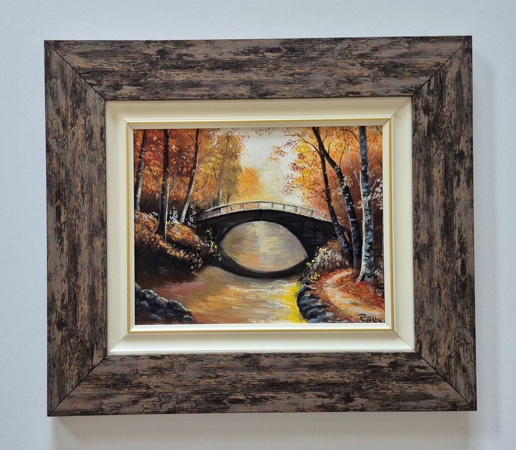 Oil on hardboard - Autumn bridge, beautiful painting