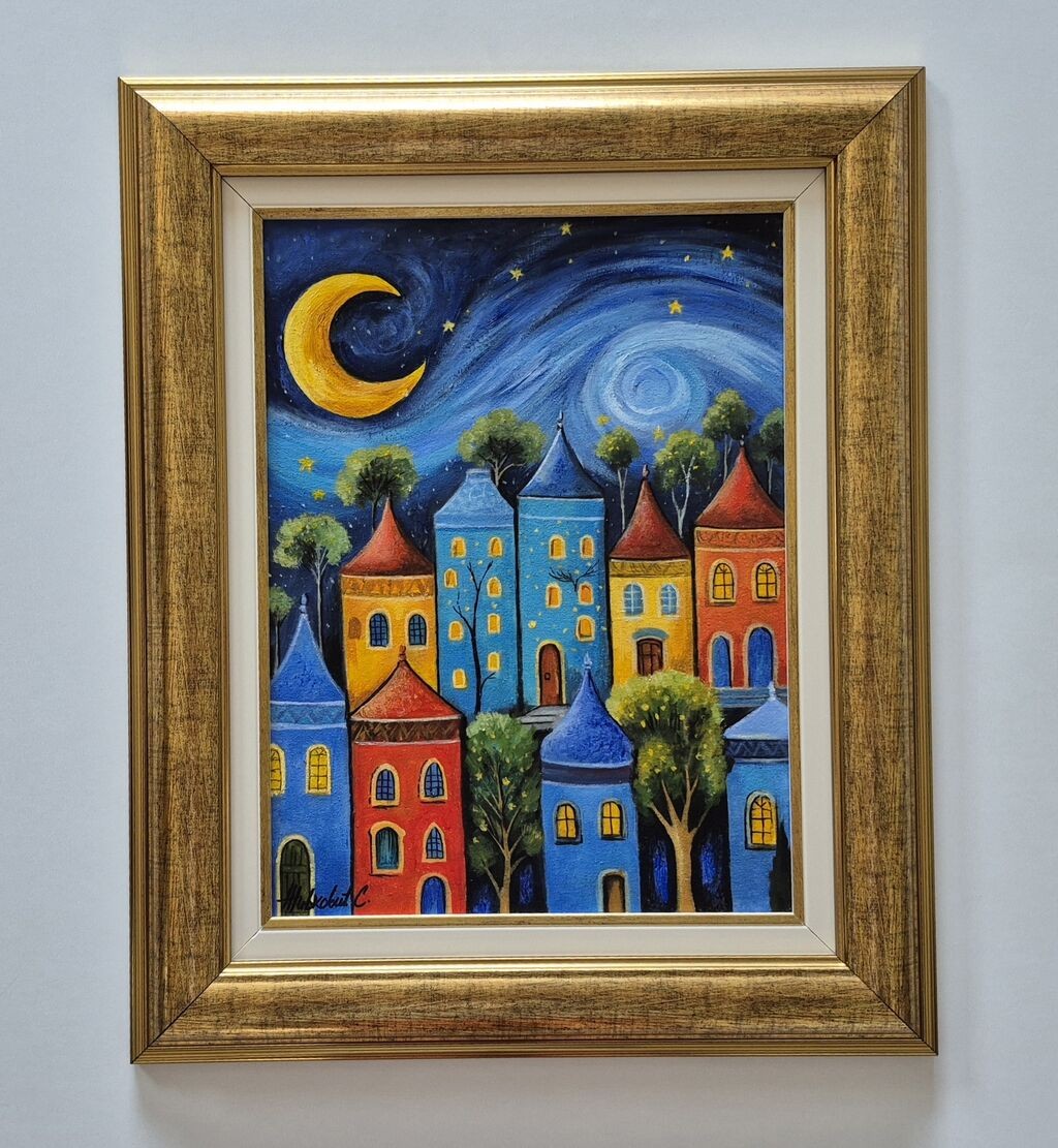 Oil on canvas - Moon over the city, beautiful
