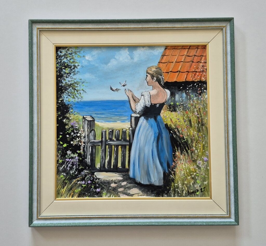 Oil on hardboard - Enjoying nature, a beautiful picture