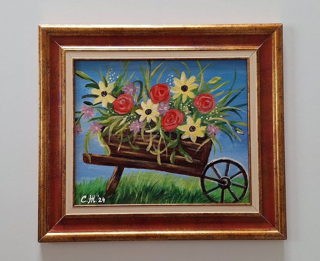 Oil on canvas - Flowers in a wooden cart