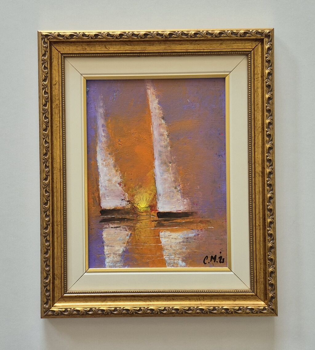 Oil on cardboard - Sailing at sunset