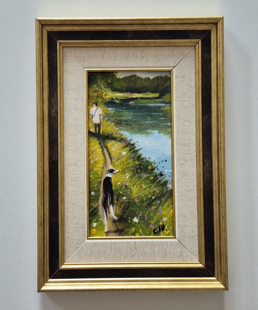 Oil on canvas - Man and dog - A miniature
