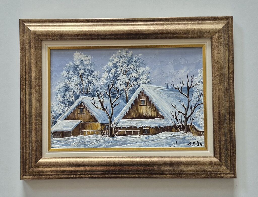 Oil on hardboard - Houses in the snow, beautiful