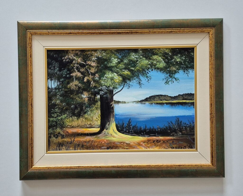 Oil on hardboard - The tree by the blue lake, beautiful