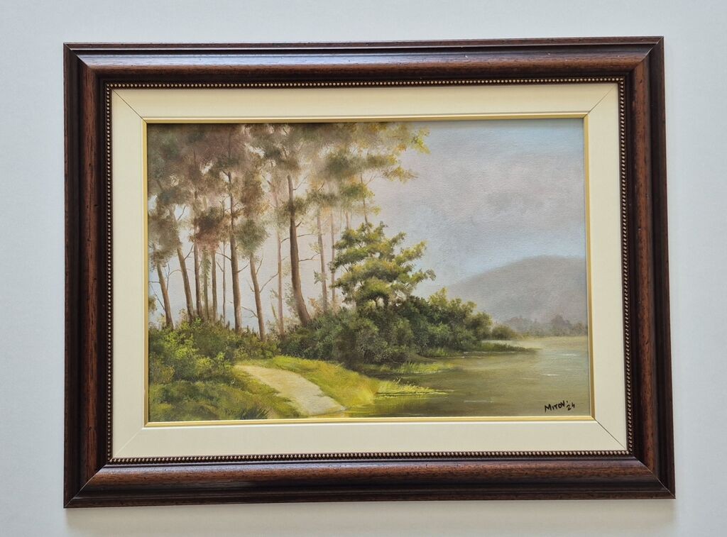 Oil on canvas - Coast by the river, beautiful picture