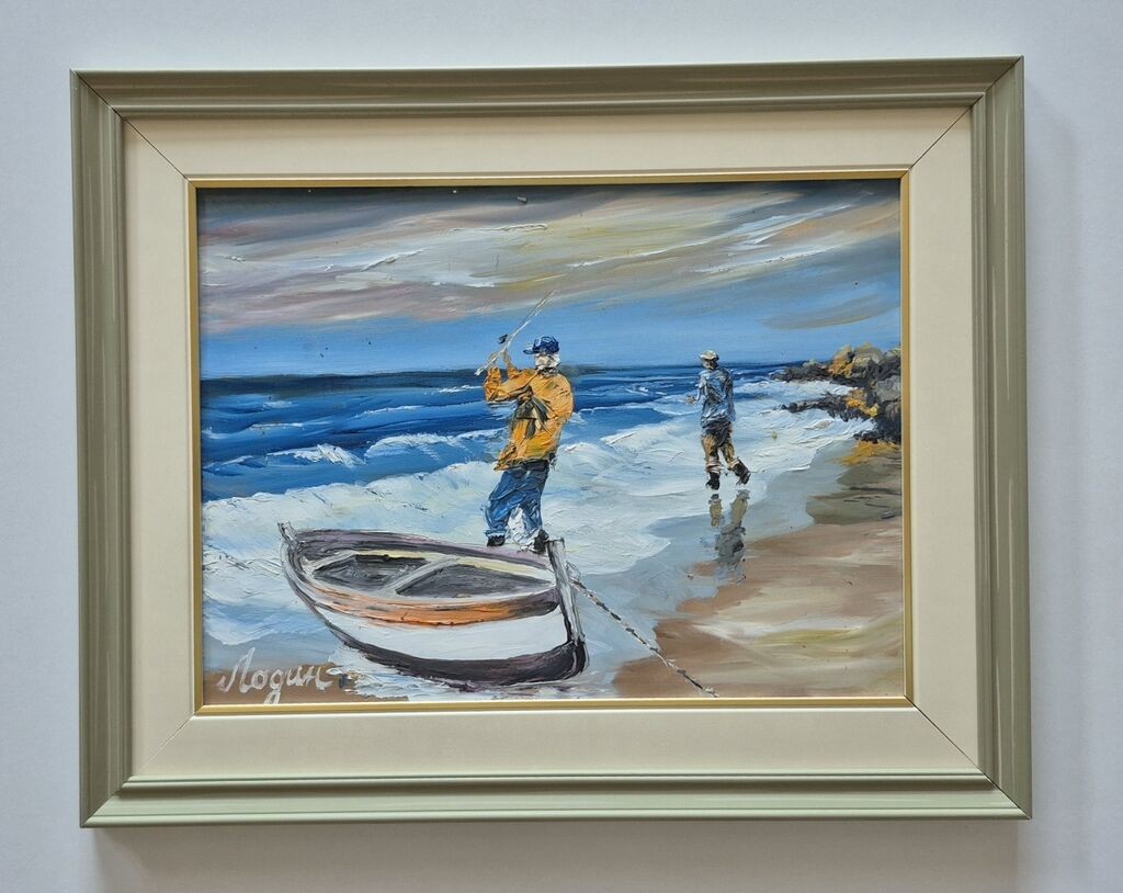 Oil on hardboard - Fishermen and the sea, beautiful