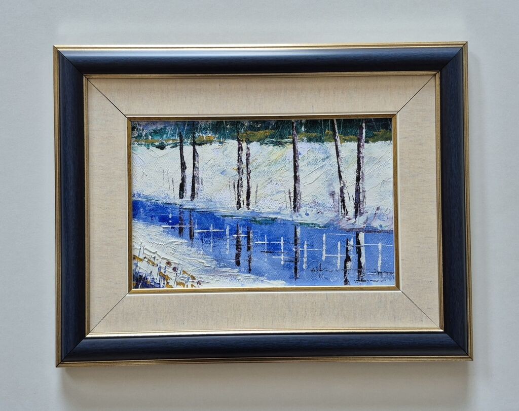 Oil on canvas - River in the snow, beautiful