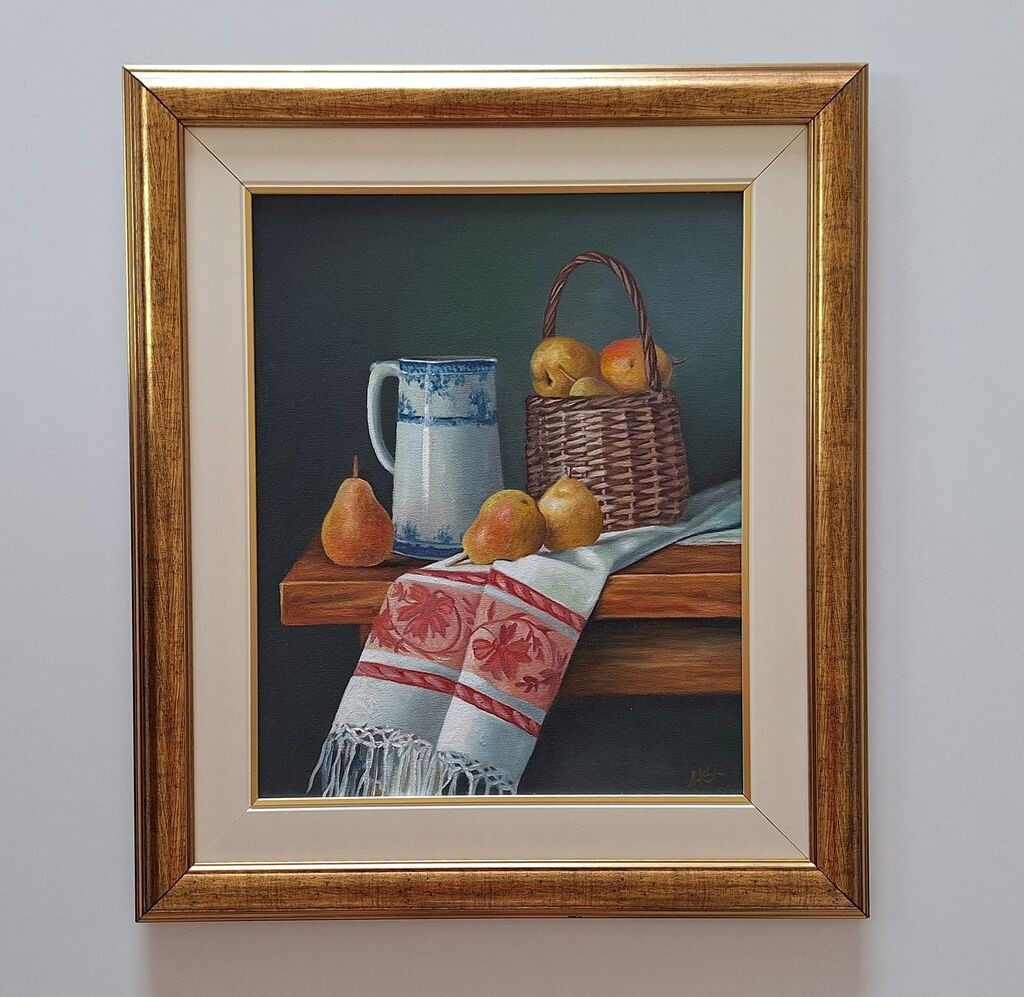 Oil on canvas - Jug and basket with fruit, beautiful!