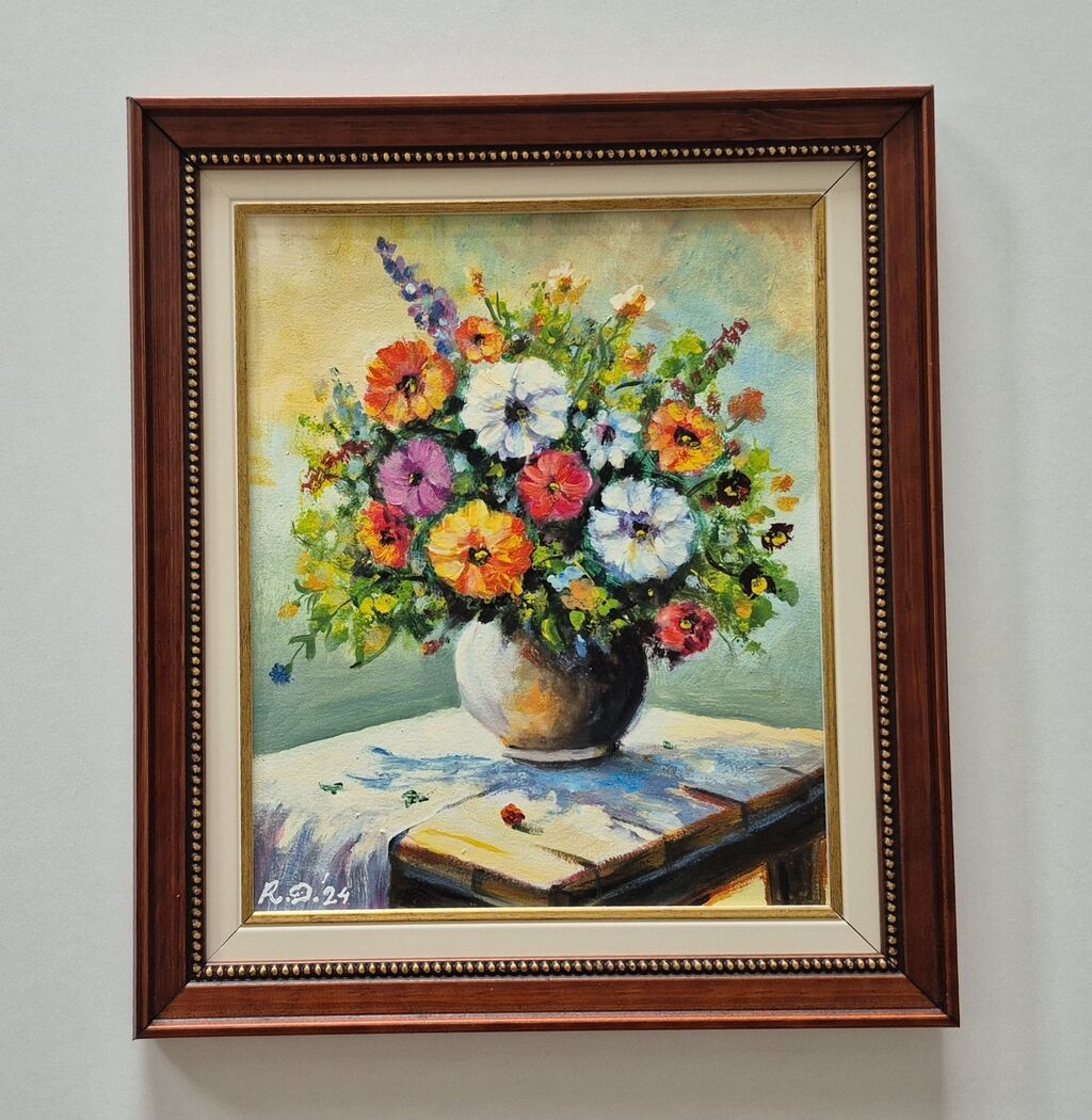 Oil on hardboard - Flowers on the table, beautiful