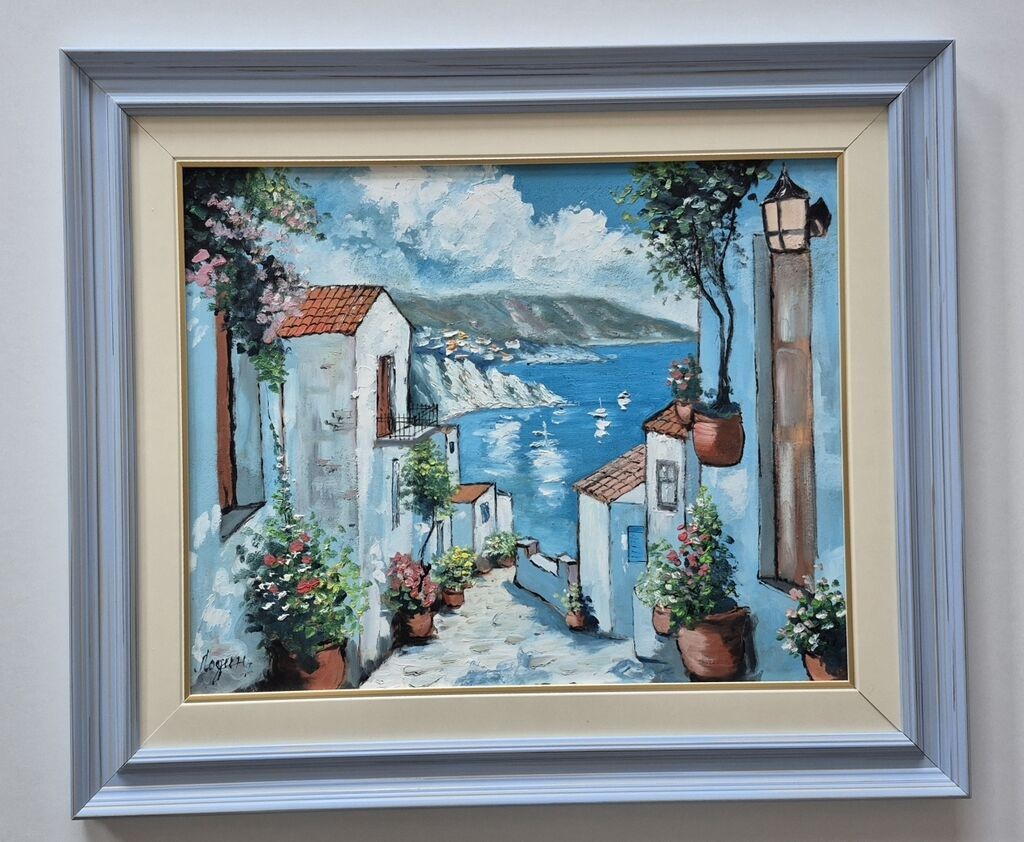 Oil on board - Blue Mediterranean, beautiful painting