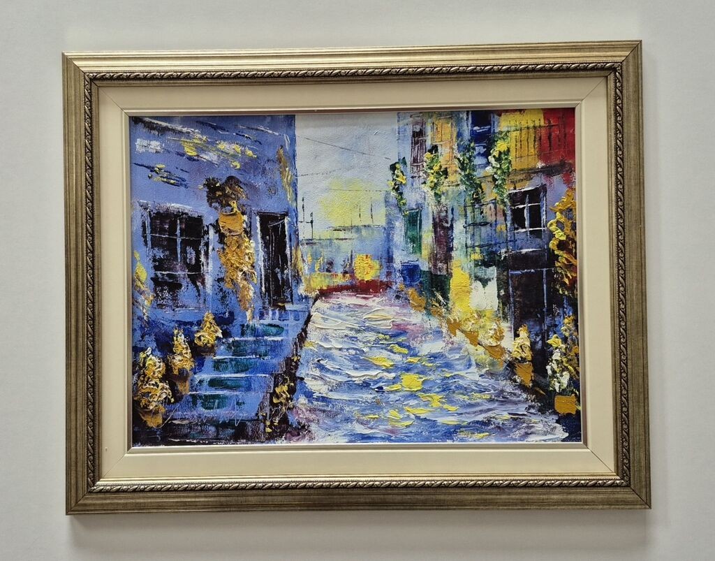 Oil on canvas - Old street in bloom, beautiful