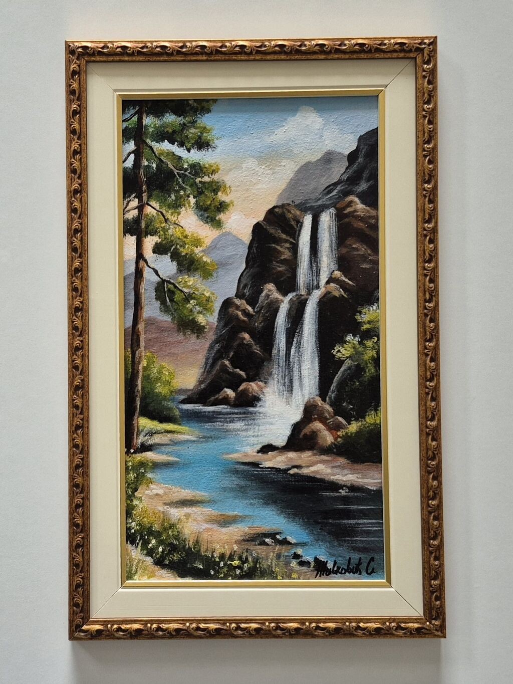 Oil on canvas - Waterfall in nature, beautiful