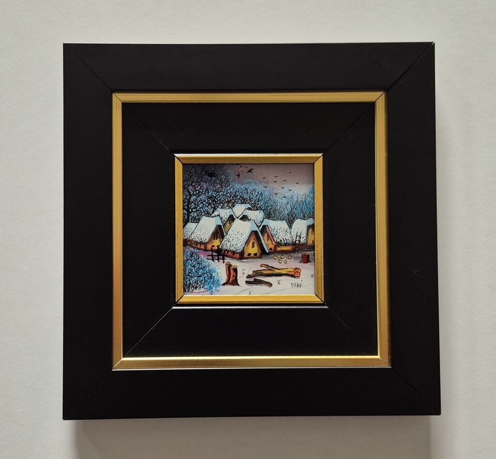 Naiva, oil on glass - Winter in the village - Miniature