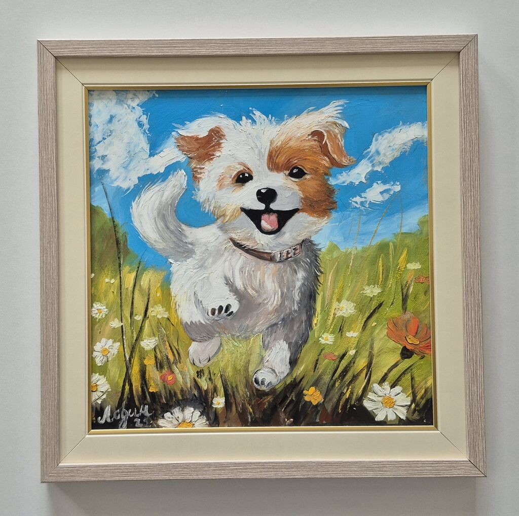 Oil on board - Happy dog, beautiful picture
