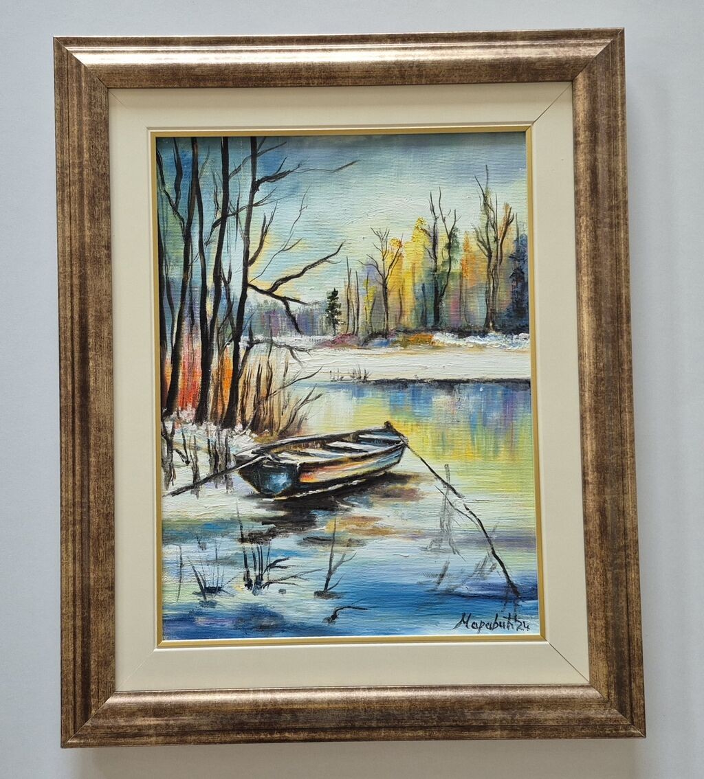 Oil on canvas - Winter on the river, beautiful picture