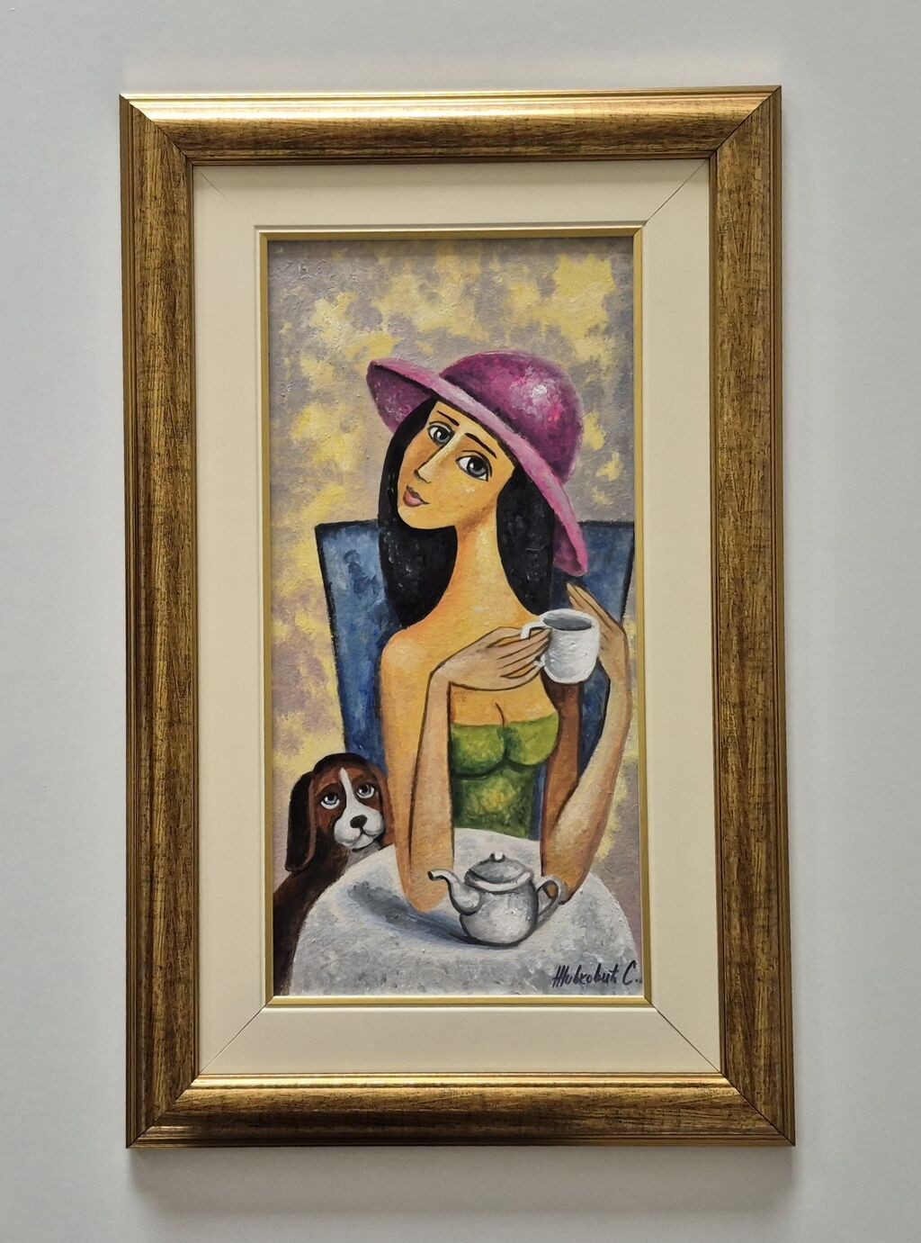 Oil on canvas - Lady and dog, beautiful picture