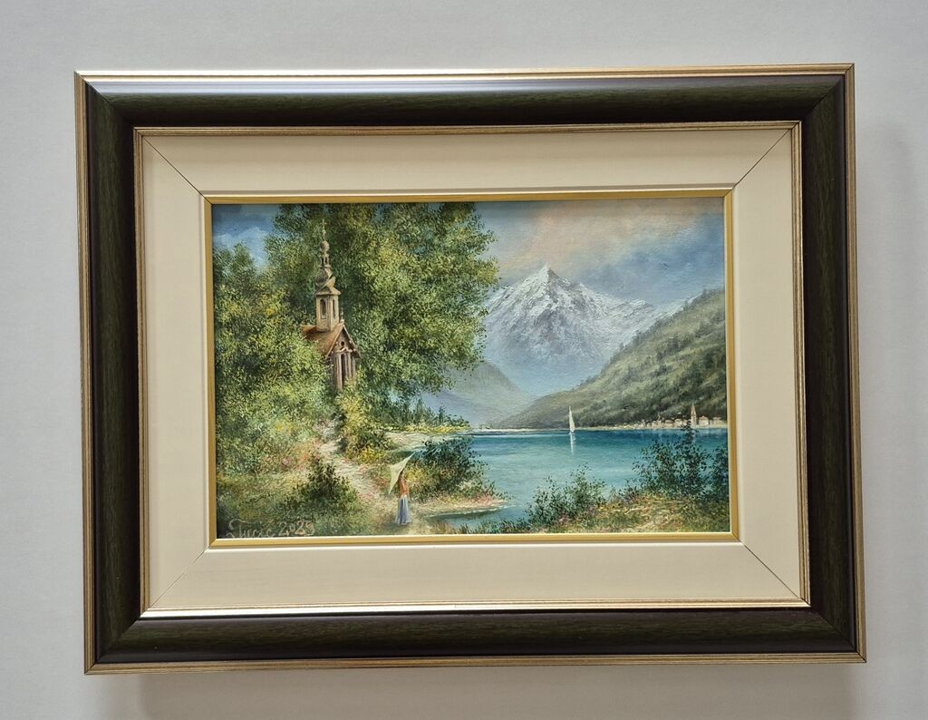 Oil on canvas - Old walk by the sea, beautiful