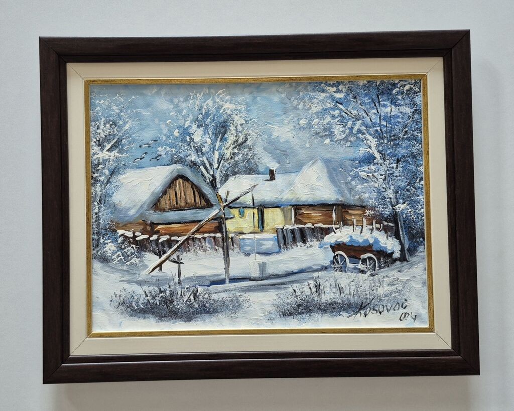 Oil on canvas - Winter on the farm, beautiful picture