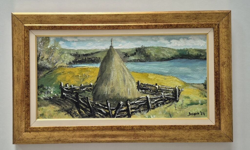 Oil on hardboard - Haystack in the village, beautiful