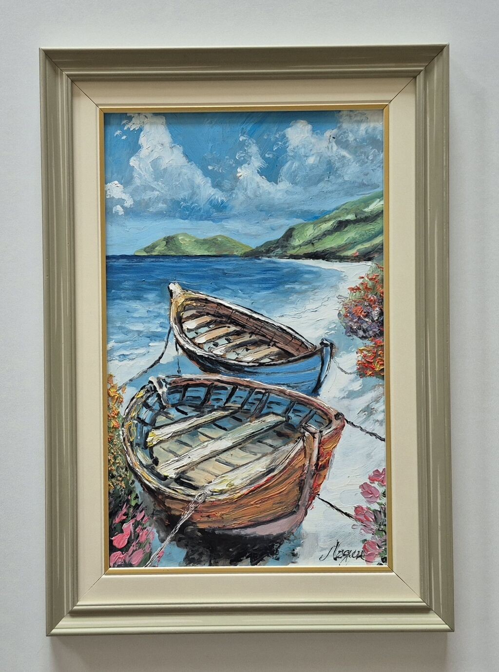 Oil on hardboard - Two boats, a beautiful picture