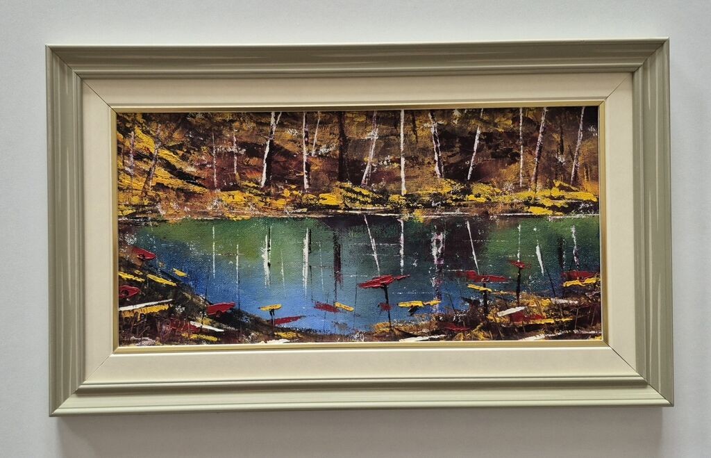 Oil on canvas - Lake in the forest, beautiful picture