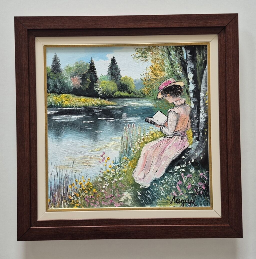 Oil on canvas - Relaxing by the river, beautiful