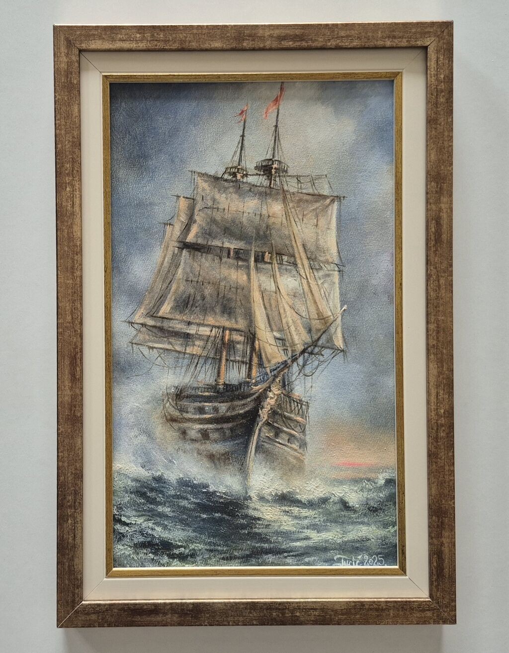 Oil on canvas - A ship sails by the sea, beautiful