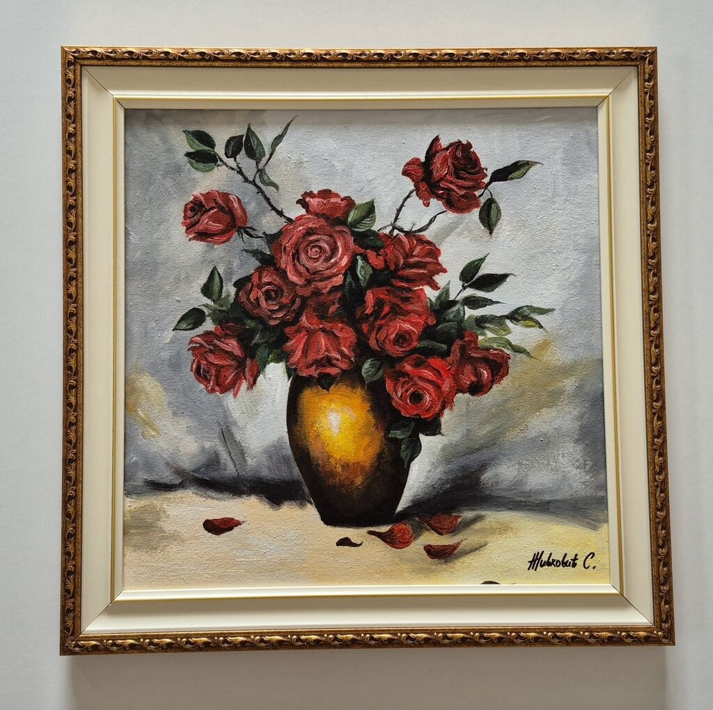 Oil on canvas - Vase with red roses, beautiful