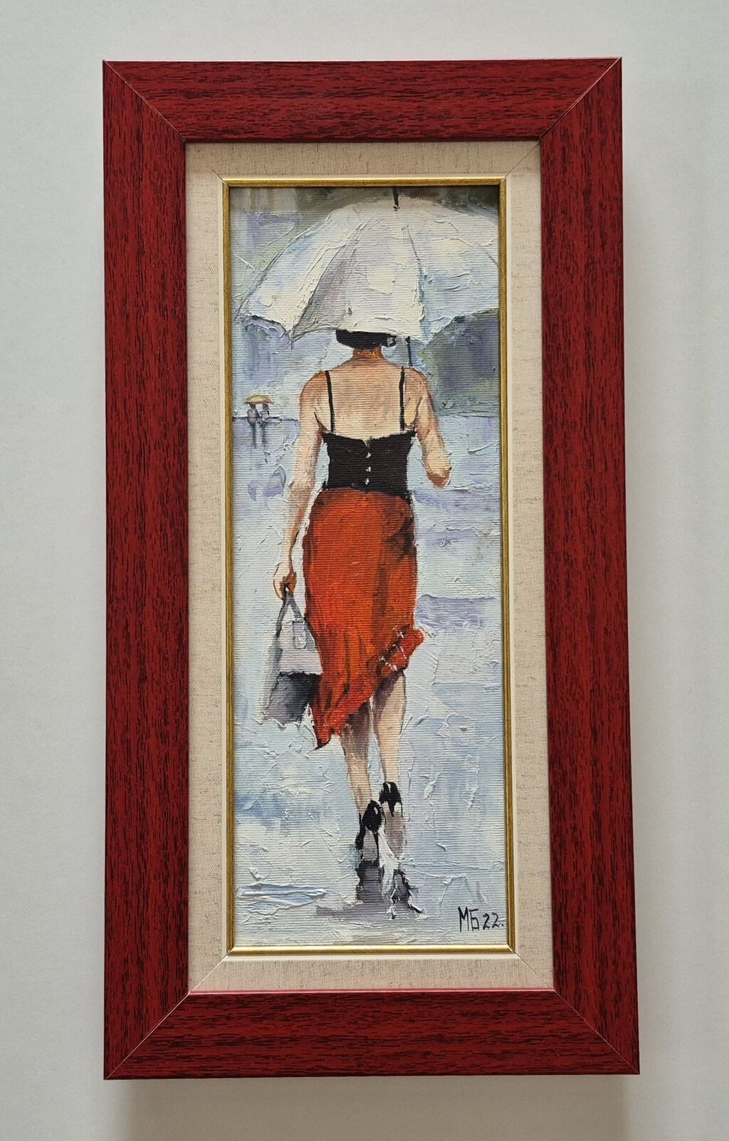 Oil on canvas - Lady in the rain, beautiful painting