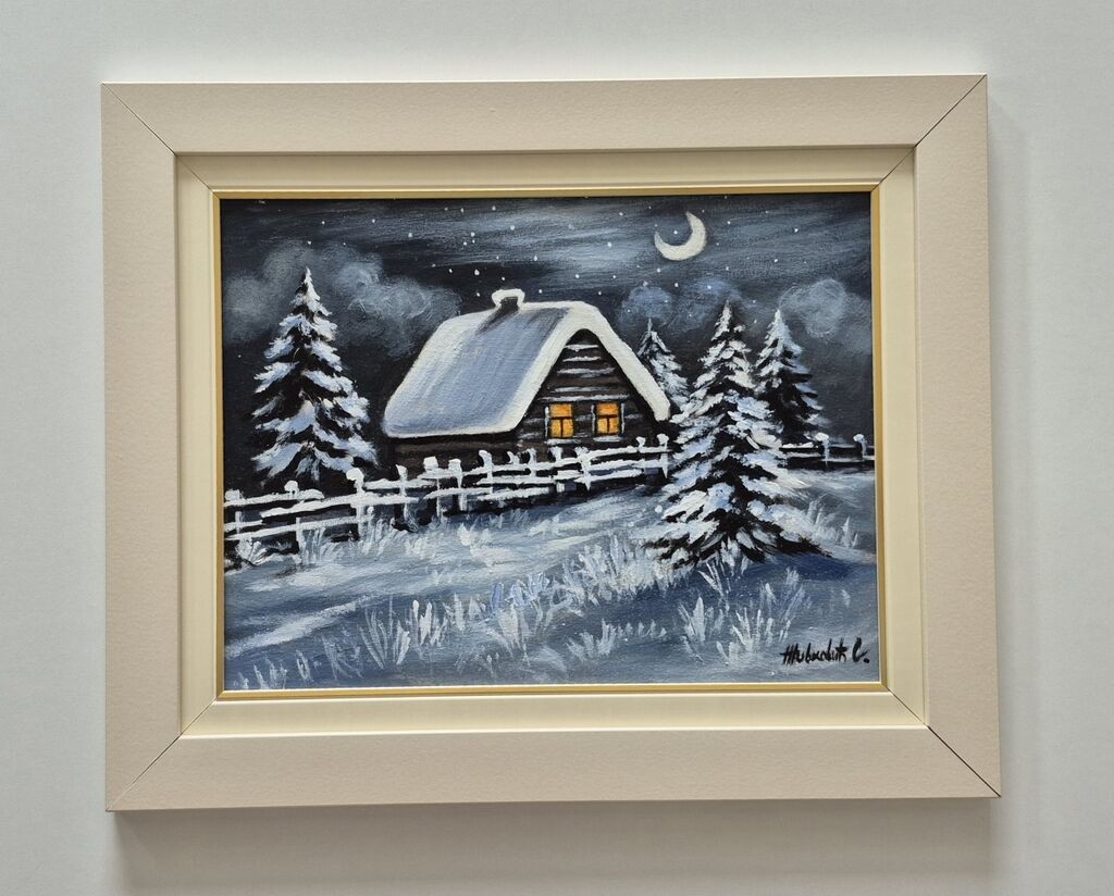Oil on canvas - Magical winter night, beautiful