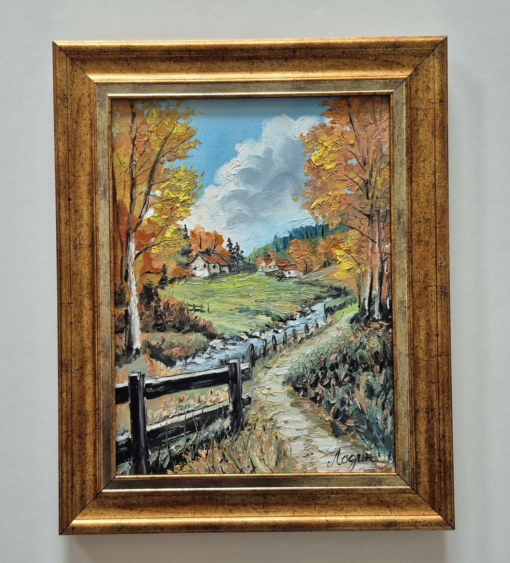 Oil on canvas - Autumn road, beautiful picture