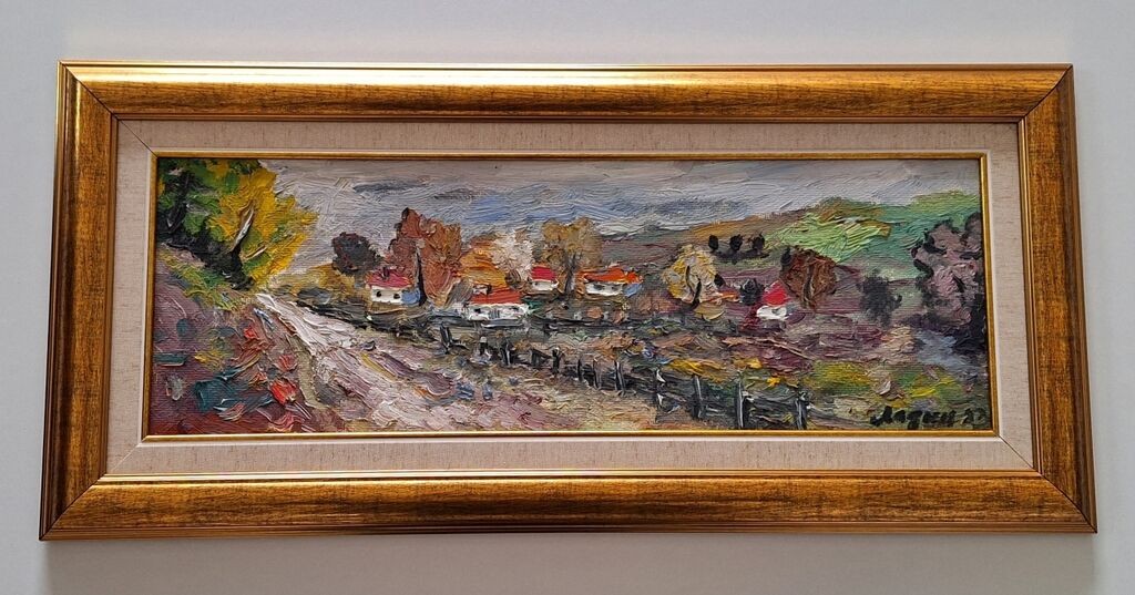 Oil on hardboard - Landscape of a village, beautiful!