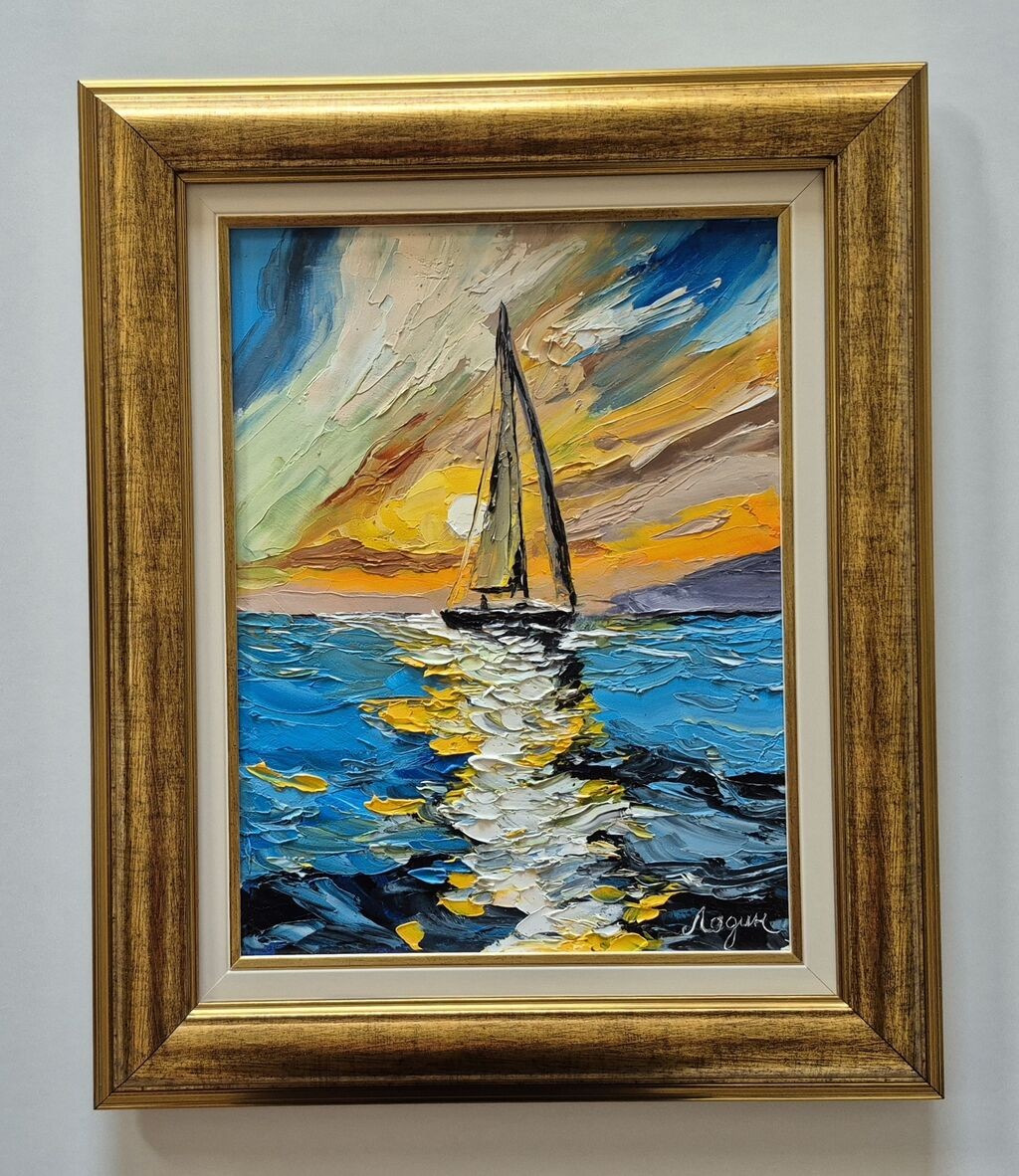 Oil on canvas - Sailing ship and sunset