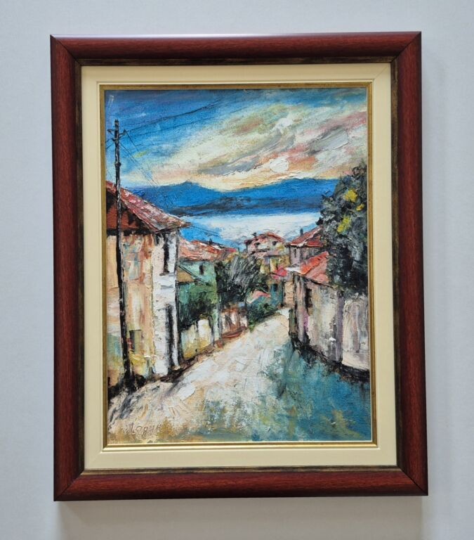 Oil on hardboard - Old town on the sea, beautiful