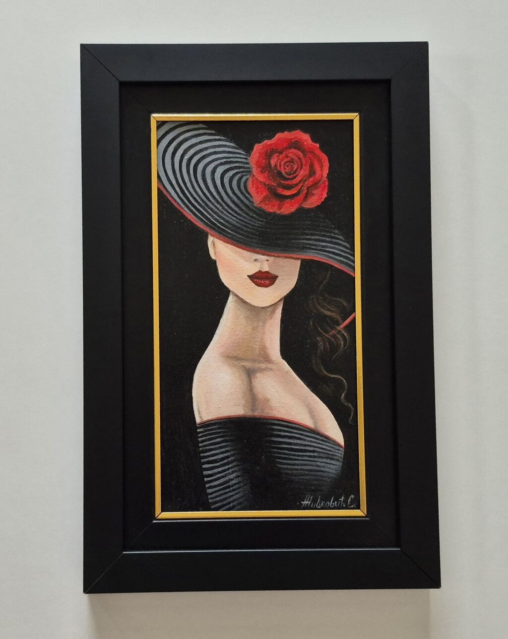 Oil on canvas - Lady with red lipstick, beautiful