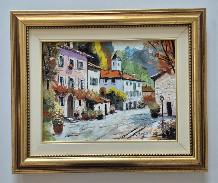 Oil on canvas - Through the old town, a beautiful picture