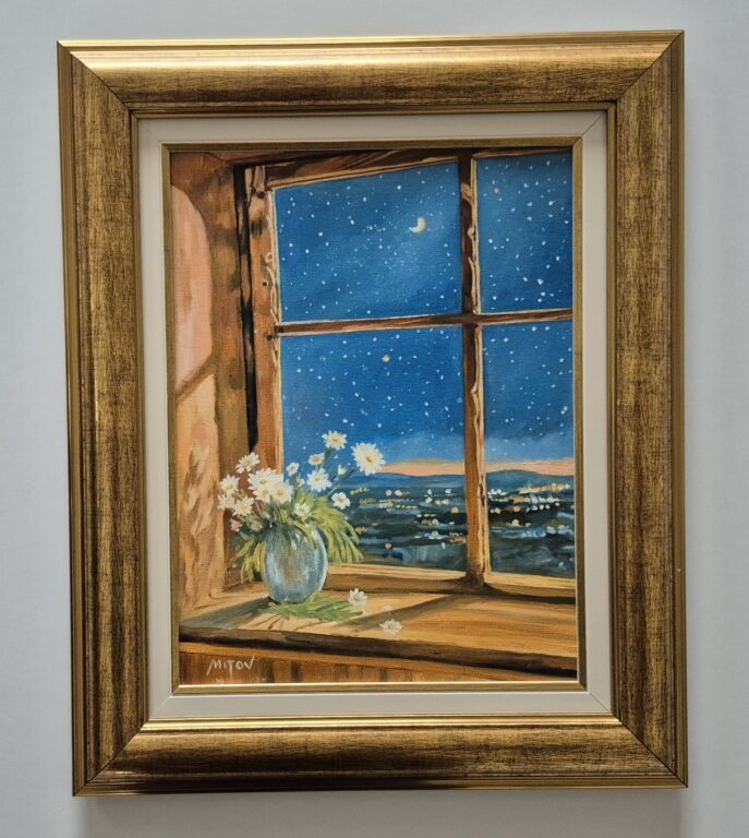 Oil on canvas - Moon, sky and stars, beautiful