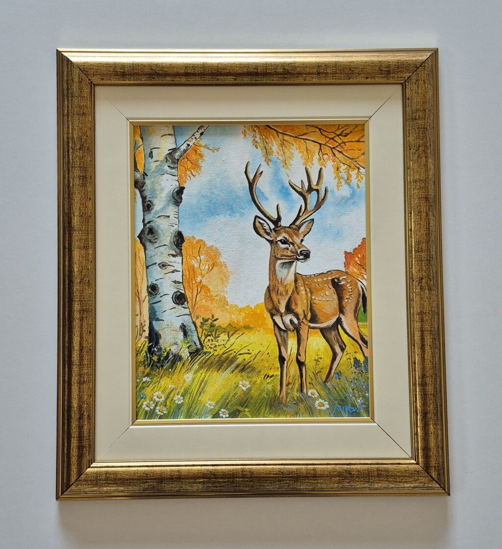 Oil on canvas - Deer in nature, beautiful