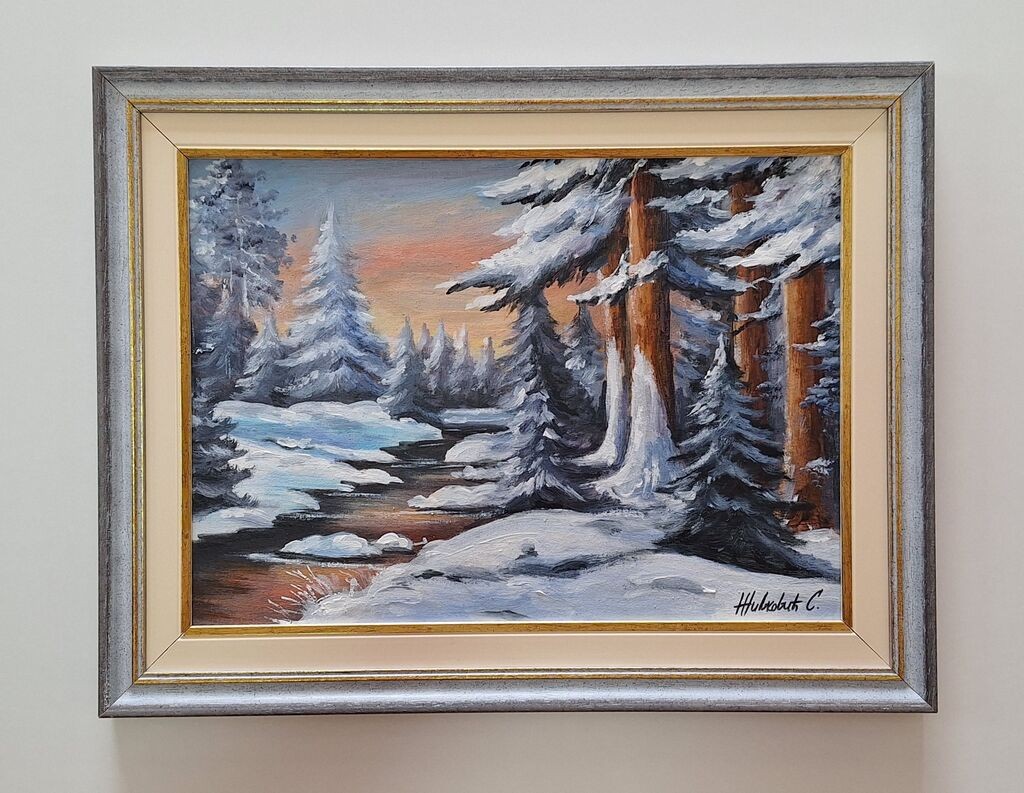 Oil on canvas - Forest under the snow, beautiful!