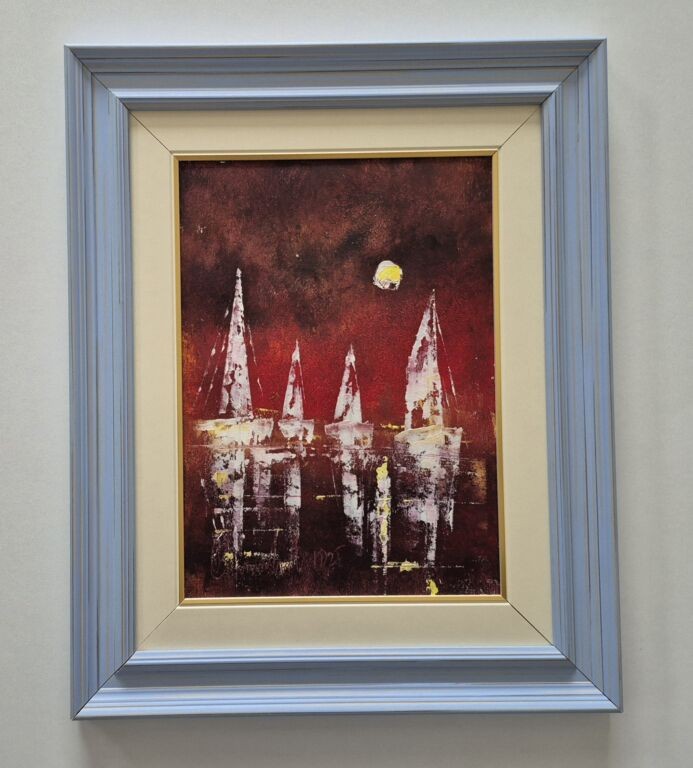 Oil on canvas - Sailing boats and the moon, a beautiful picture
